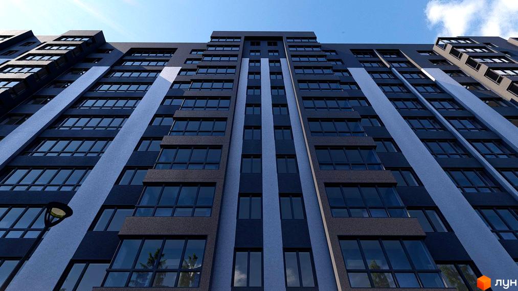 Житловий комплекс Четверта Перлина: висотний будинок з темно-сірим фасадом, світлими смугами та численними вікнами.
