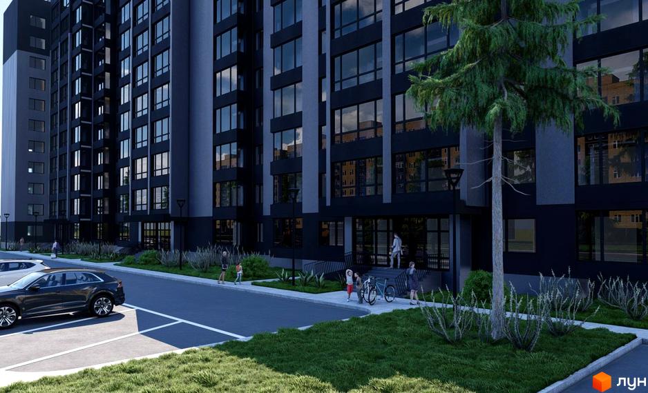 Зображення фасаду багатоповерхового будинку в ЖК Четверта Перлина. На передньому плані прибудинкова територія з газоном та деревами.