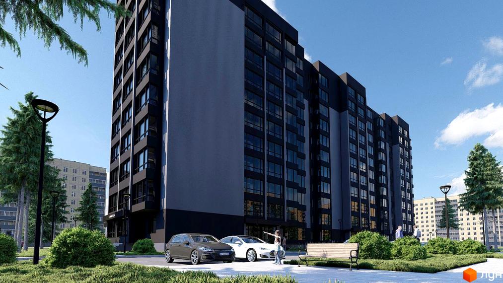 Зображення фасаду та прибудинкової території Житлового комплексу Четверта Перлина. На передньому плані автомобілі та пішоходи.