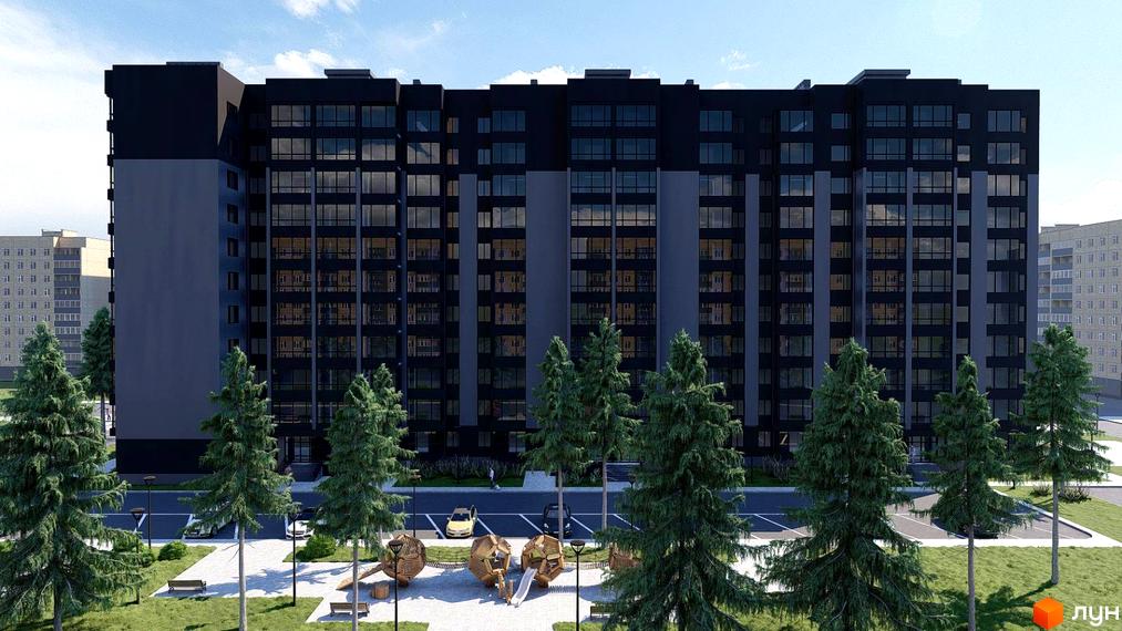 Житловий комплекс Четверта Перлина має темний фасад з великими вікнами та світлими вертикальними вставками. Навколо будинку зелені насадження, дитячий майданчик та парковка.