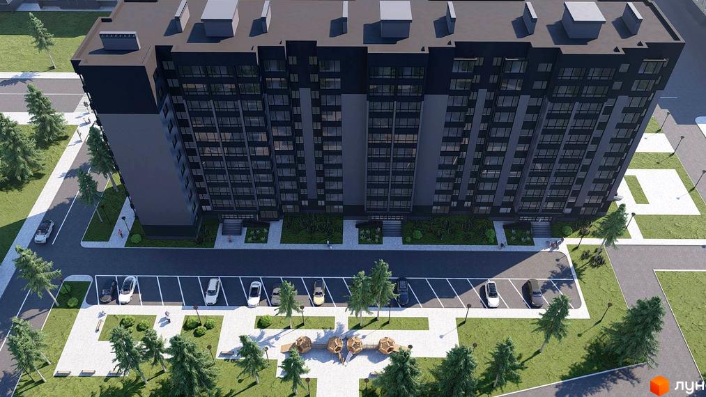 Житловий комплекс Четверта Перлина: багатоповерховий будинок темно-сірого кольору. Навколо – зелені газони, дерева, парковка та дитячий майданчик.