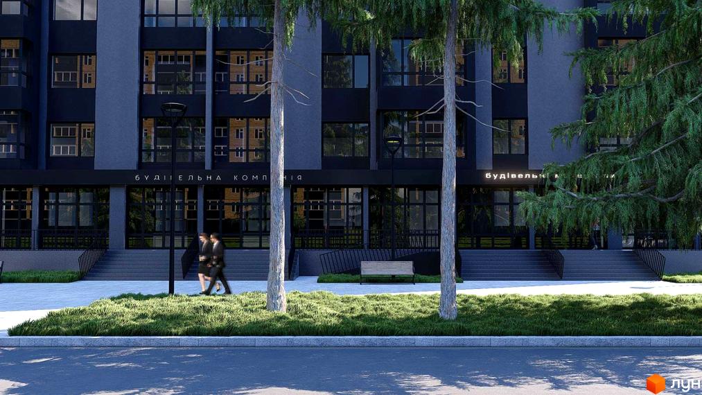 Фасад Житлового комплексу Четверта Перлина: темно-сірий будинок з великими вікнами. Перед ним зелений газон, доріжка, сходи та дерева.