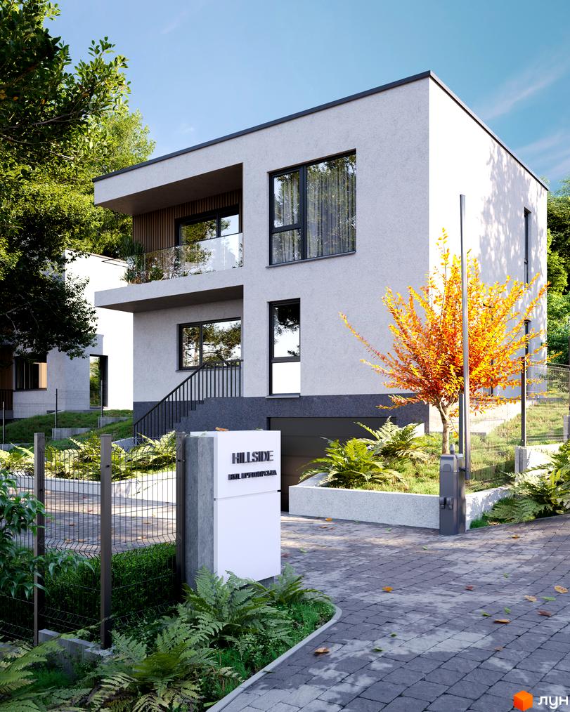 Зображення двоповерхового будинку в Котеджному містечку Hillside. Навколо будинку зелені насадження та бруківка.