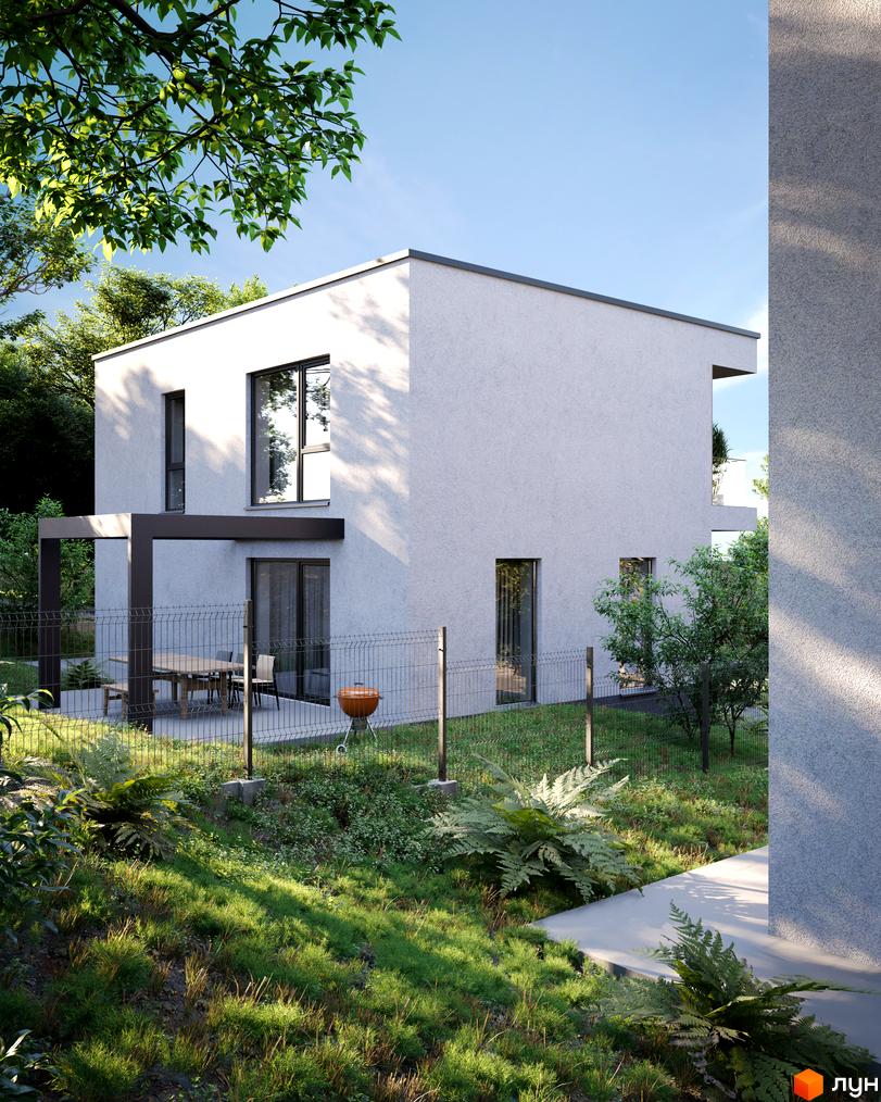 Двоповерховий будинок Котеджного містечка Hillside світлого кольору з великими вікнами та пласким дахом. Поруч тераса з перголою, зелений двір з огорожею та рослинами.