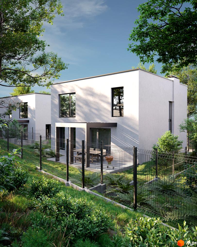 Будинки Котеджного містечка Hillside з білими фасадами та великими вікнами. Прибудинкова територія озеленена, з огорожею та місцем для відпочинку.