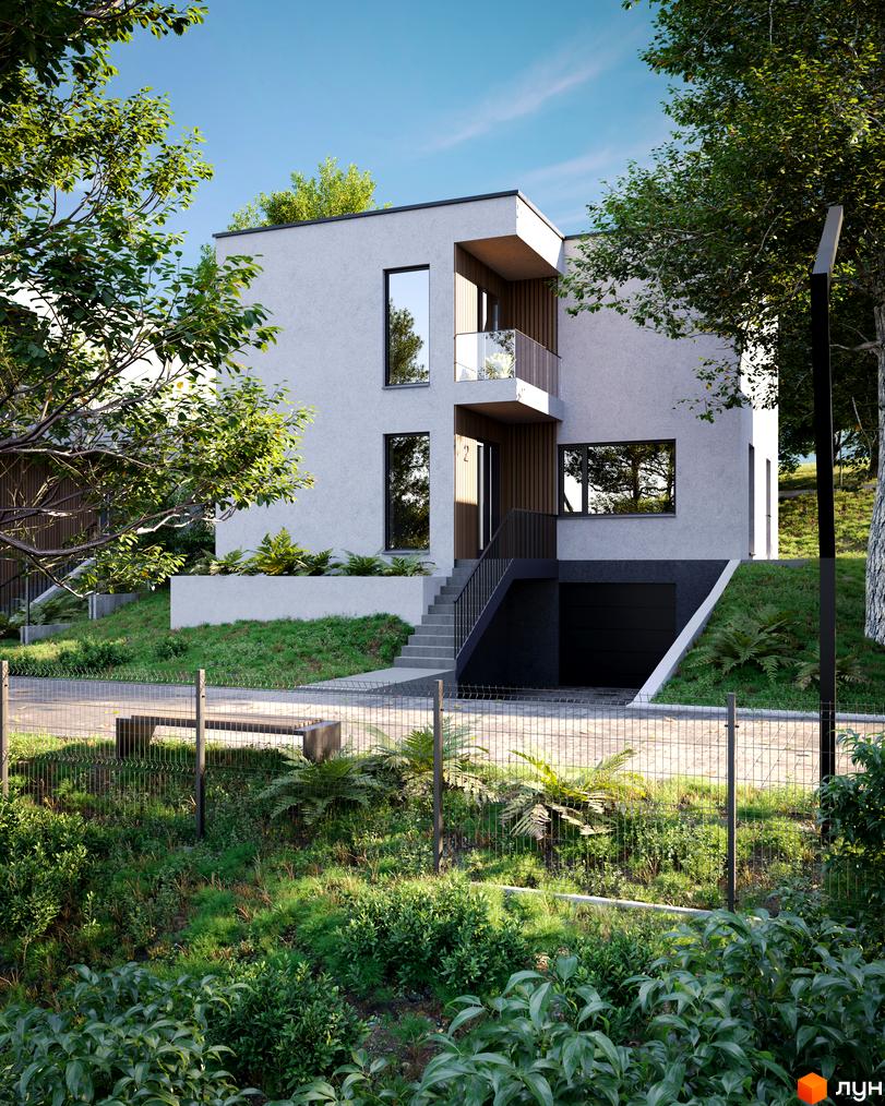 Будинок Котеджного містечка Hillside зі світлими фасадами, великими вікнами та балконом. Прибудинкова територія з зеленню, сходами та огорожею.