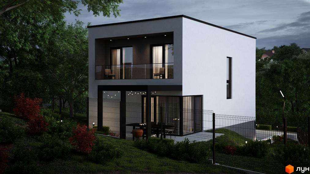 Котеджне містечко Hillside. Білий двоповерховий будинок з балконом та великими вікнами, розташований серед дерев та зелених насаджень.