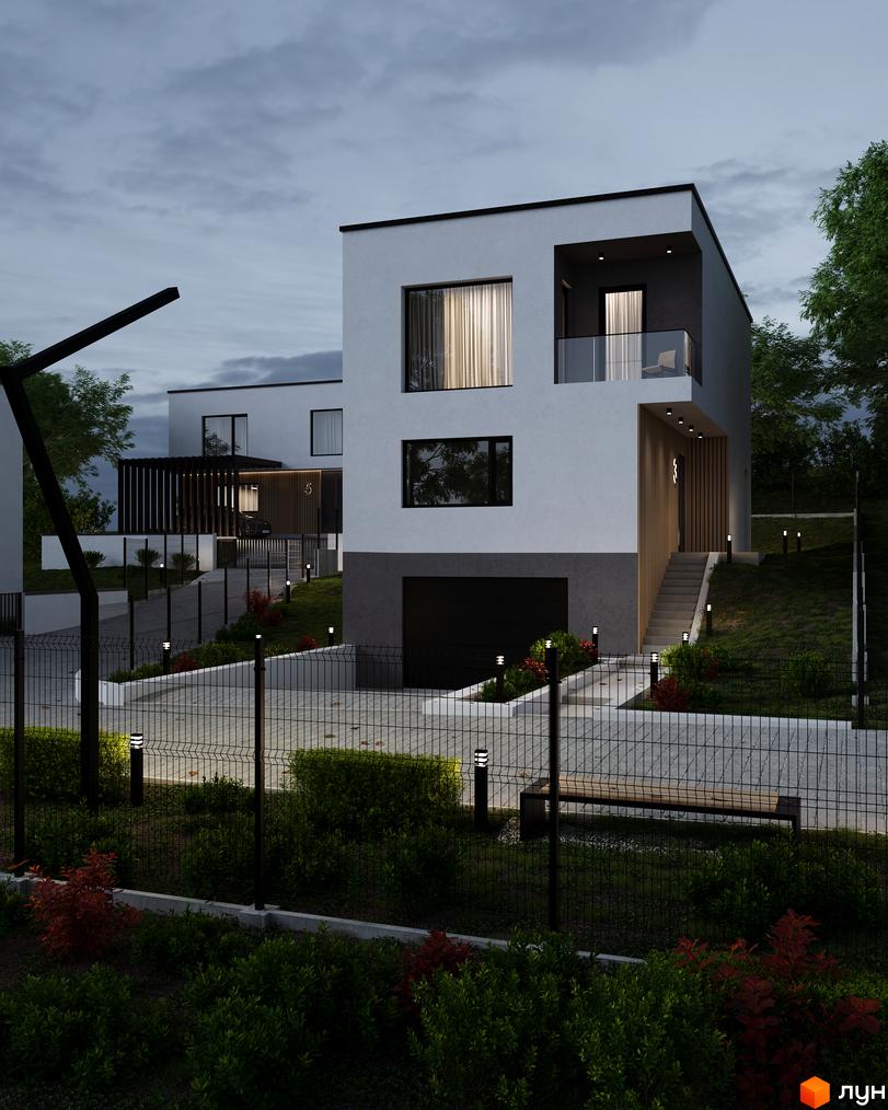 Білий двоповерховий будинок з гаражем та балконом, та облаштована прибудинкова територія з освітленням у Котеджному містечку Hillside.