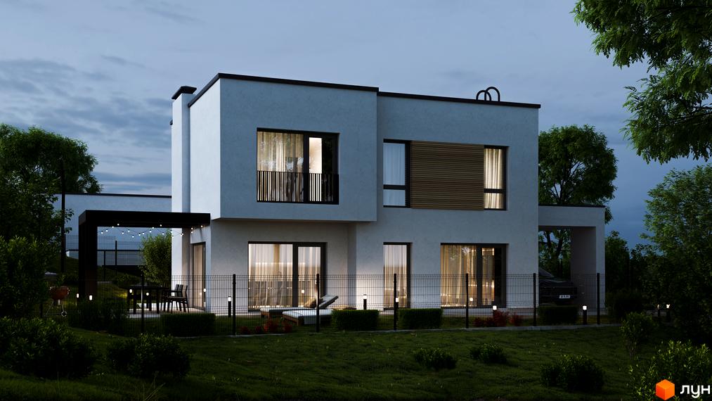 Зображення двоповерхового будинку в Котеджному містечку Hillside з великими вікнами та огородженою територією з газоном.