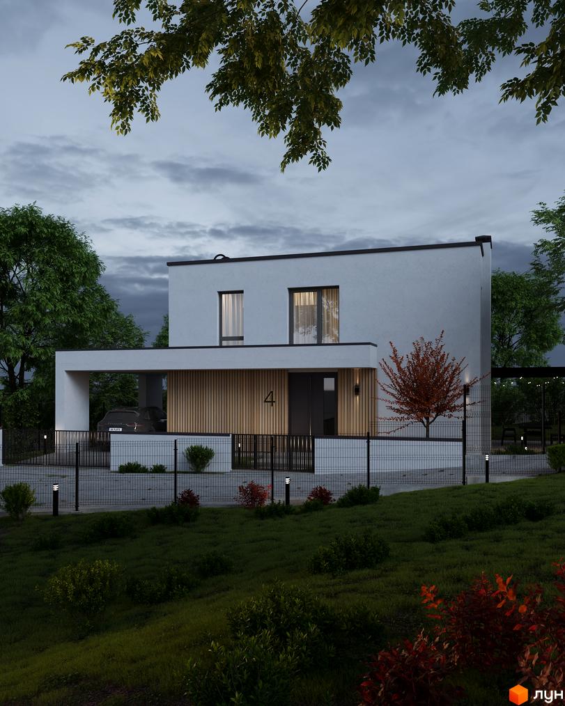 Зображення будинку в Котеджному містечку Hillside з двома поверхами та прибудинковою територією з газоном та декоративними кущами.