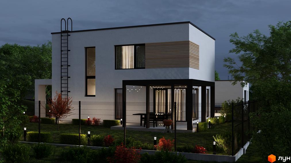 Будинок Котеджного містечка Hillside з білими стінами, великими вікнами та дерев'яними панелями. Прилегла територія з газоном, огорожею та освітленням.