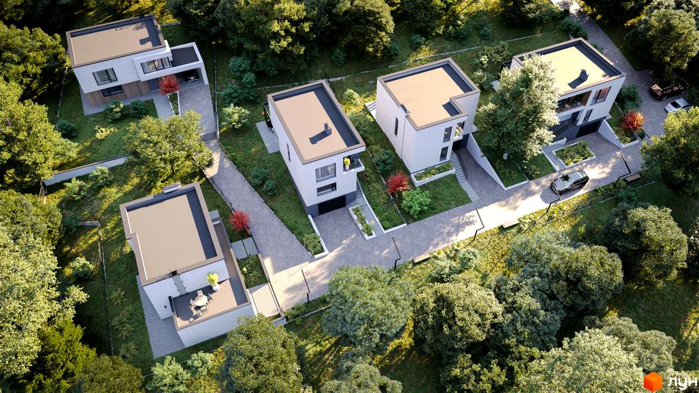 Вид зверху на Котеджне містечко Hillside: двоповерхові будинки з плоскими дахами та великими вікнами, зелені насадження навколо.