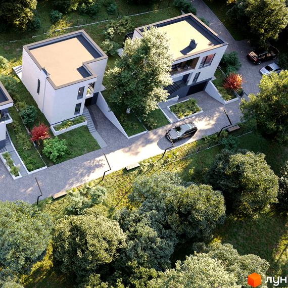 Вигляд зверху на Котеджне містечко Hillside з білими будинками та зеленими насадженнями. На території є парковка та пішохідні доріжки.