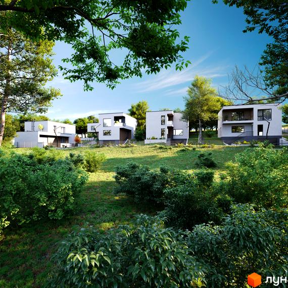 Зображення сторінки Котеджного містечка Hillside: чотири білі двоповерхові будинки на зеленій галявині серед дерев та кущів.