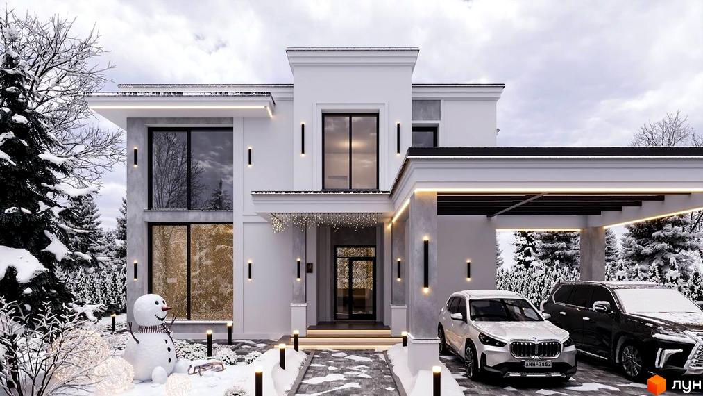 Вид на Котеджне містечко Затишна Солонка взимку. Двоповерховий будинок з великими вікнами та автомобілями на подвір'ї.