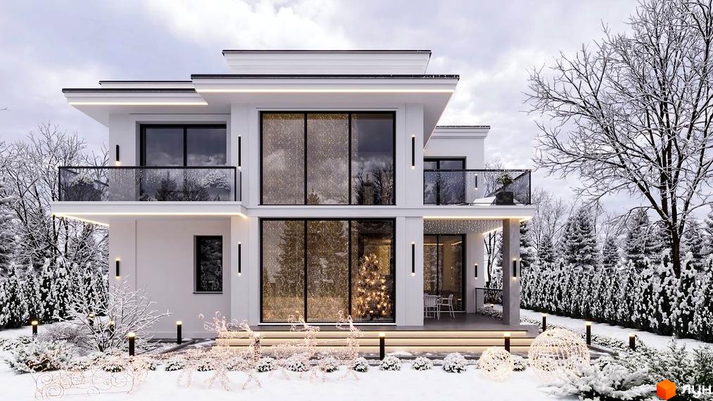 Зимовий краєвид Котеджного містечка Затишна Солонка: двоповерховий будинок з великими вікнами та снігом на подвір'ї.