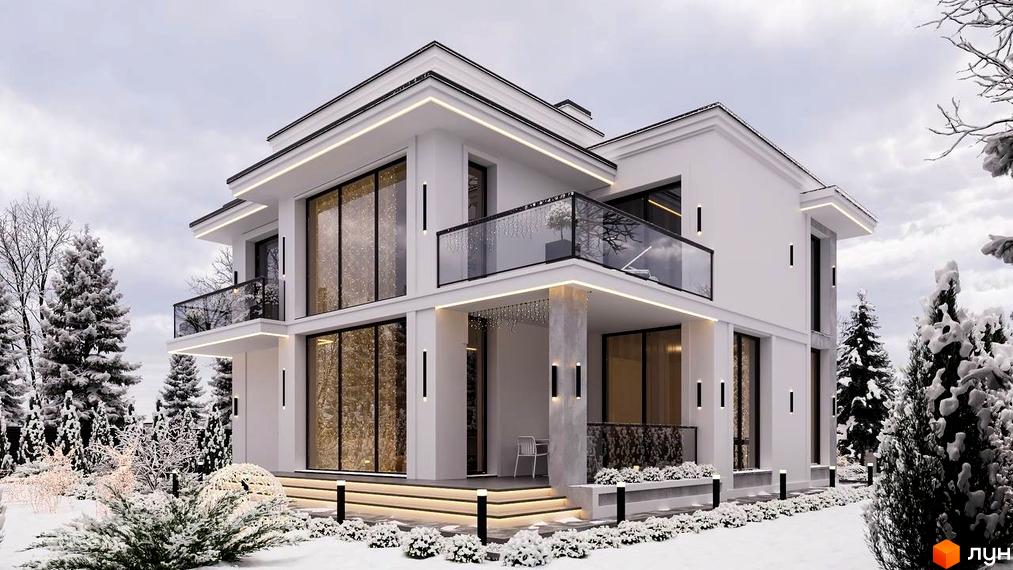 Білий будинок Котеджного містечка Затишна Солонка з панорамними вікнами та підсвічуванням. Засніжена територія з хвойними деревами.