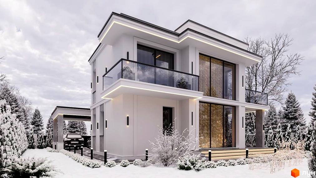 Котеджне містечко Затишна Солонка: білий двоповерховий будинок з панорамними вікнами та скляними балконами. Навколо засніжені дерева та доріжки.