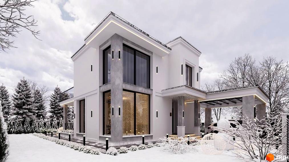 Білий двоповерховий будинок Котеджного містечка Затишна Солонка з великими вікнами та сірими елементами фасаду. Територія вкрита снігом, з ялинками та освітленням.