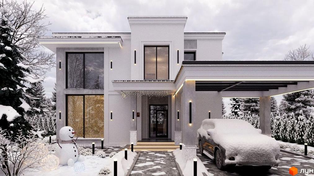 Зимовий краєвид Котеджного містечка Затишна Солонка: білий будинок з великими вікнами та сніговиком на подвір'ї.