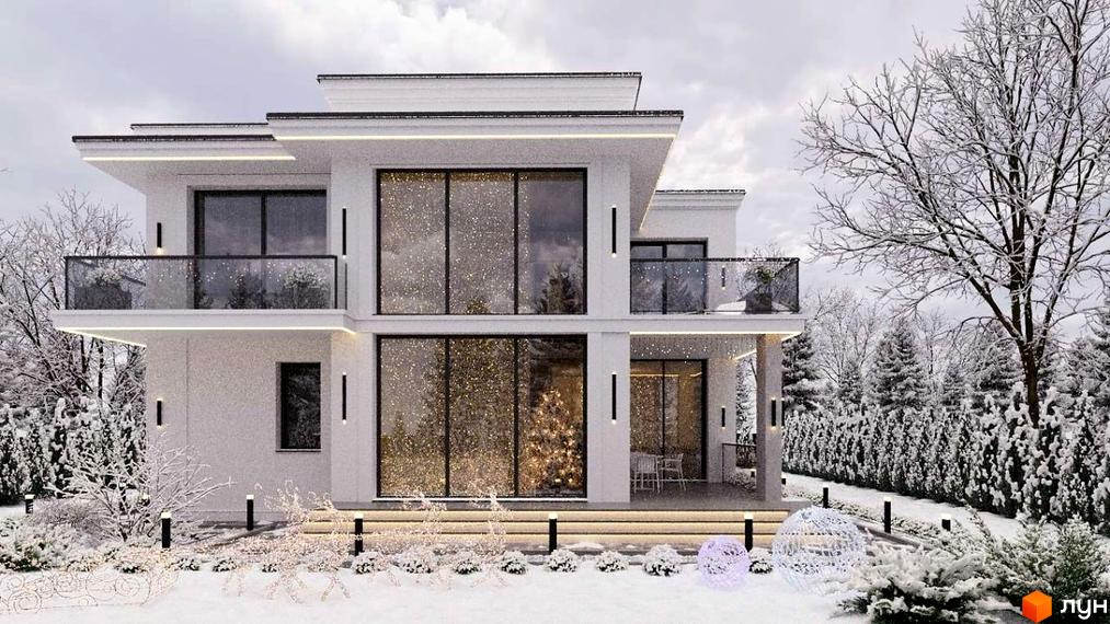 Котеджне містечко Затишна Солонка: білий двоповерховий будинок з великими вікнами та балконами, оточений снігом та деревами.