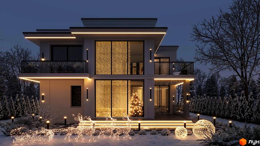 Зображення Котеджного містечка Затишна Солонка взимку. Двоповерховий будинок з великими вікнами, прикрашений новорічними вогнями та ілюмінацією.