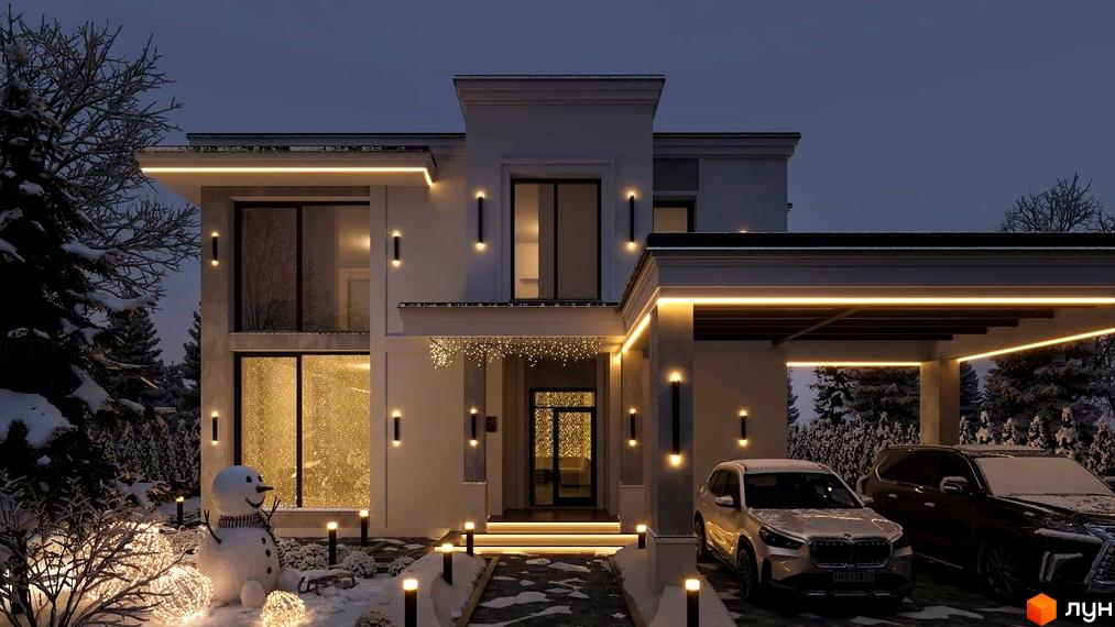 Зимовий краєвид Котеджного містечка Затишна Солонка: двоповерховий будинок з освітленням та прикрасами, сніговик на подвір'ї.