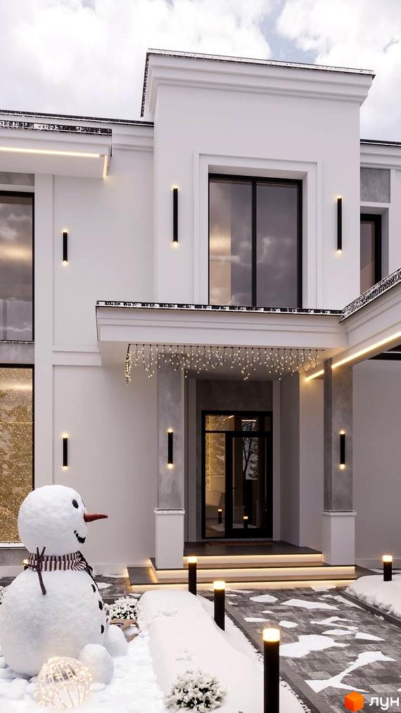 Зимовий вид на Котеджне містечко Затишна Солонка: білий будинок з великими вікнами та сніговиком на подвір'ї.