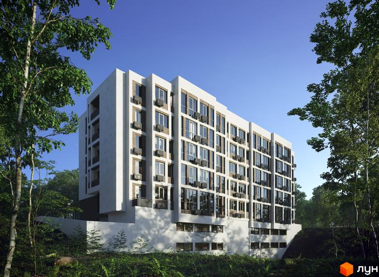 Житловий комплекс NAGIRNIY HOUSE з білим фасадом та великими вікнами, оточений густою зеленню дерев.