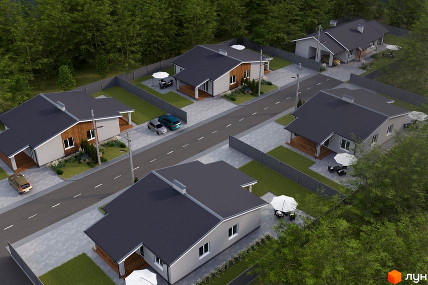 Зображення Котеджного містечка ВЕСНЯНИЙ САД з висоти пташиного польоту. На фото видно декілька будинків з темними дахами та прибудинкові території.