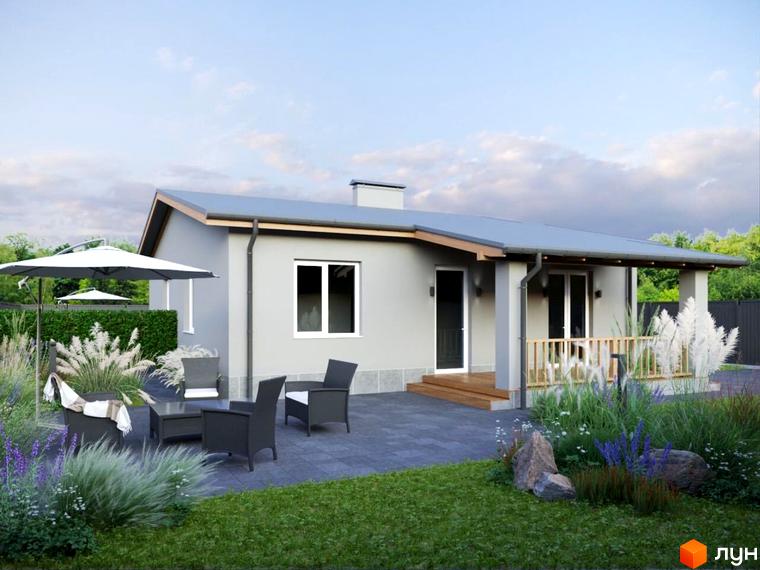 Зображення будинку в Котеджному містечку ВЕСНЯНИЙ САД. На території є тераса з меблями, газон, декоративні рослини та парасолька.