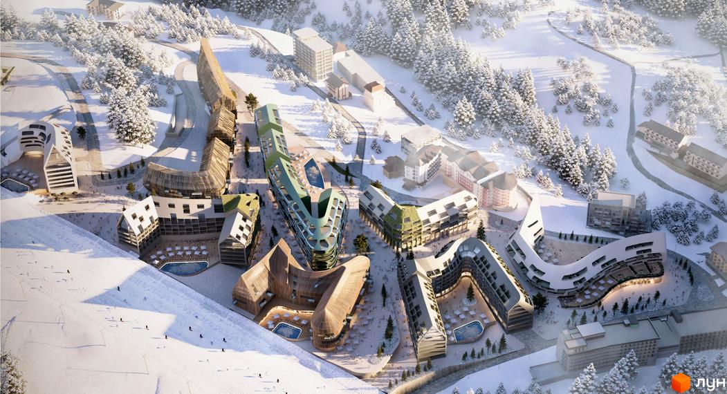 Вид зверху на апарт-комплекс ESCAPE City взимку. Будинки з басейнами, навкруги засніжені дерева та гори.