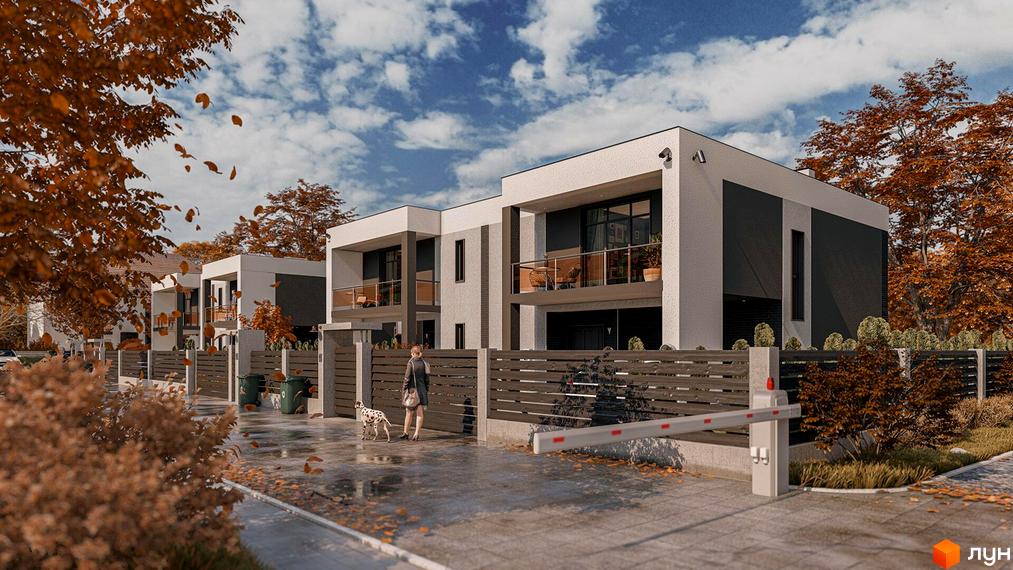 Зображення сторінки Котеджне містечко CONTINENT HOME. Двоповерхові будинки з балконами та терасами, огороджені парканом, з доглянутою прибудинковою територією.