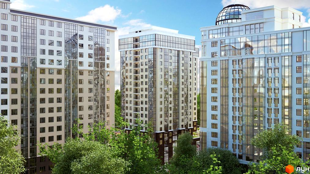 Зображення фасаду та скління Комплексу Сорок перша перлина. На передньому плані зелені дерева.