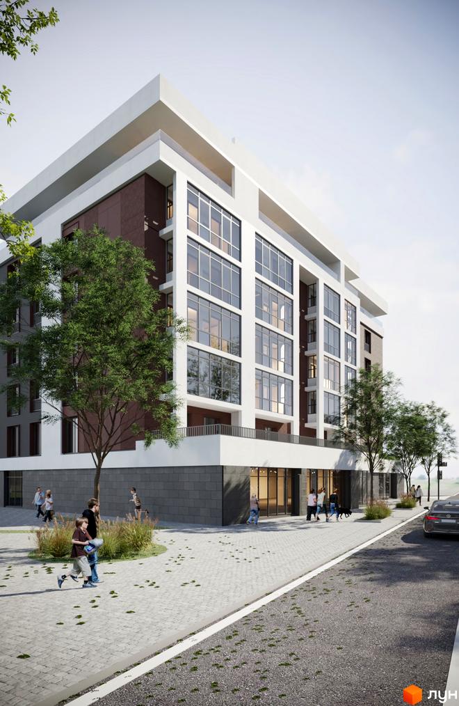 Житловий комплекс Спортивний: багатоповерховий будинок з великими вікнами, облицьований білим та коричневим матеріалом. На території є тротуар, дерева та люди.