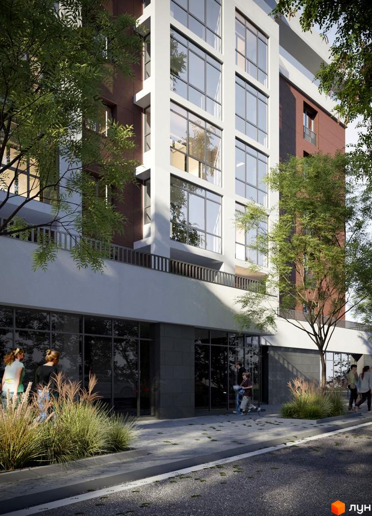 Висотна будівля Житлового комплексу Спортивний з панорамними вікнами та комерційними приміщеннями на першому поверсі. На прибудинковій території висаджені дерева та кущі.