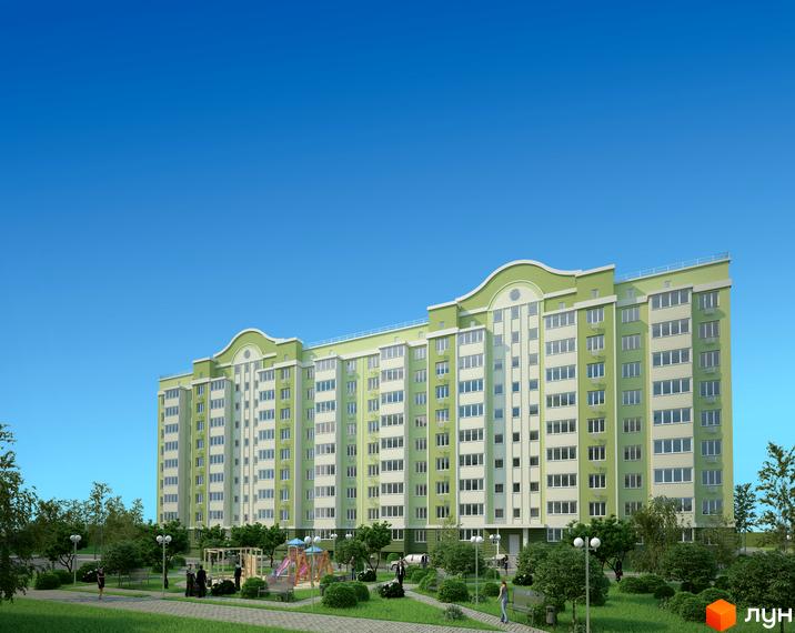 Зображення ЖК Первоцвіт. Багатоповерховий будинок з великою кількістю вікон, пофарбований у світло-зелені тони. На території є дитячий майданчик та зелені насадження.