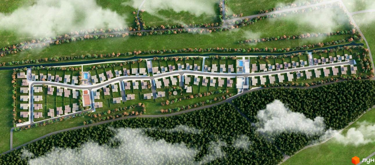 Котеджне містечко КМ ХО Club: вид згори на однотипні будинки з сірими дахами та прибудинковою територією з басейном та тенісним кортом.