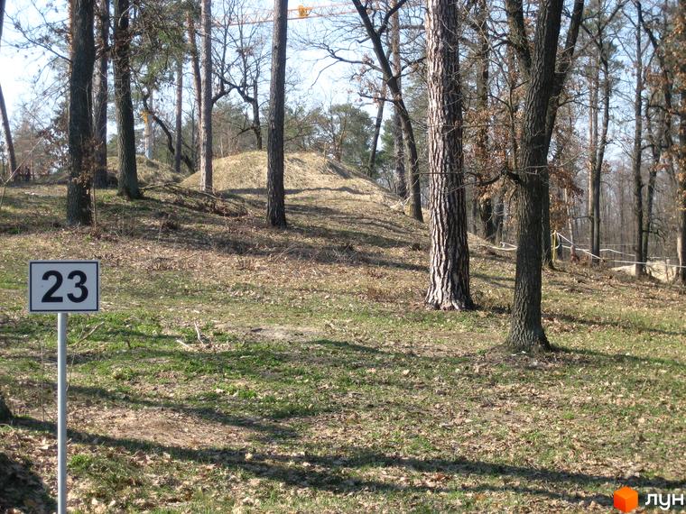 Зображення території Котеджного містечка КМ Соснова роща. На передньому плані табличка з номером 23, навколо дерева та зелена трава.
