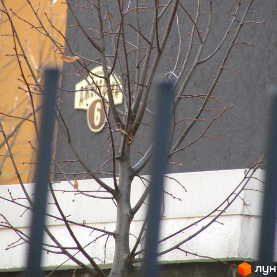 Зображення фасаду будівлі житлового комплексу. На передньому плані видно гілки дерев та огорожу.