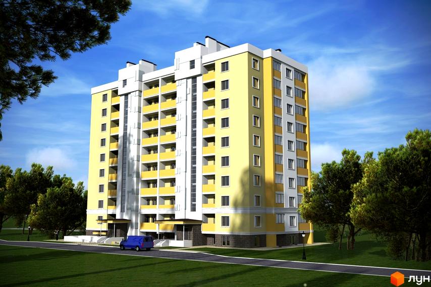 Зображення будинку ЖК Мінеральний 39. Багатоповерховий будинок жовтого кольору з балконами та вікнами. Навколо будинку зелена трава та дерева, а також дорога.