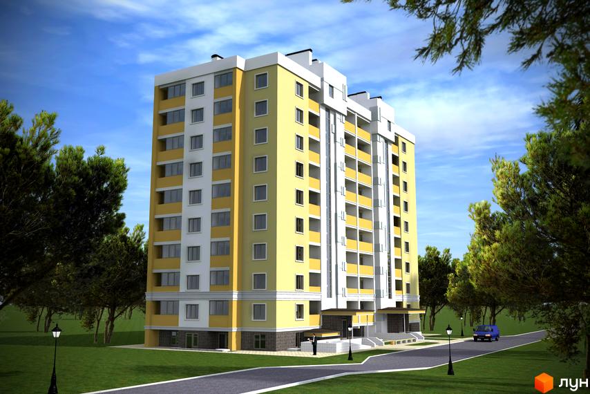 Житловий комплекс Мінеральний 39. Висотна будівля з жовтими та білими фасадами. Поруч зелена прибудинкова територія з деревами та дорогою.