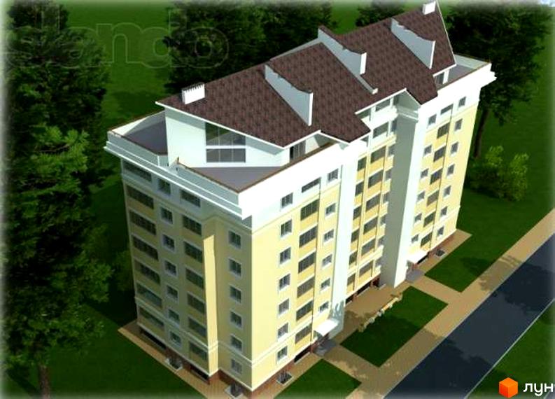 Висотна будівля житлового комплексу з коричневою черепицею на даху. Навколо будинку зелена трава та дерева, поруч асфальтована дорога.