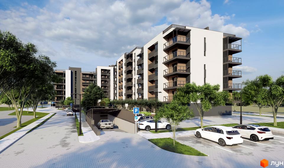 Житловий комплекс PALMIRA CITY з білими фасадами та темними балконами, оточений деревами та з парковкою.