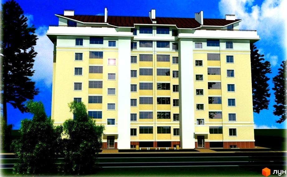 Житловий комплекс Мінеральний 39. Багатоповерховий будинок з великою кількістю вікон та балконів, світлого кольору. На передньому плані дерева та зелена трава.