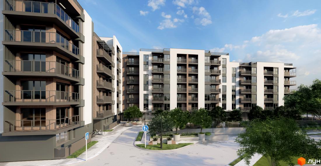 Зовнішній вигляд житлового комплексу PALMIRA CITY з балконами та вікнами, прибудинкова територія з деревами та пішохідною зоною.
