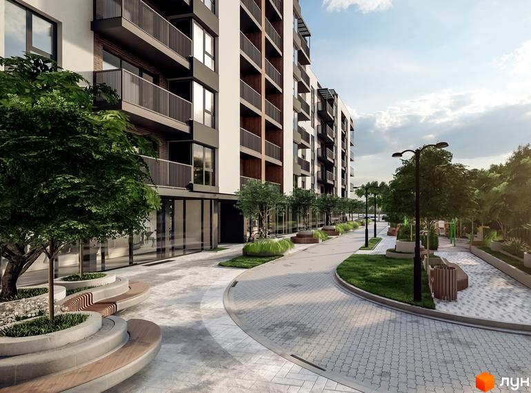 Зовнішній вигляд будинку ЖК PALMIRA CITY з балконами та великими вікнами. Прибудинкова територія з доріжками, деревами та зонами відпочинку.