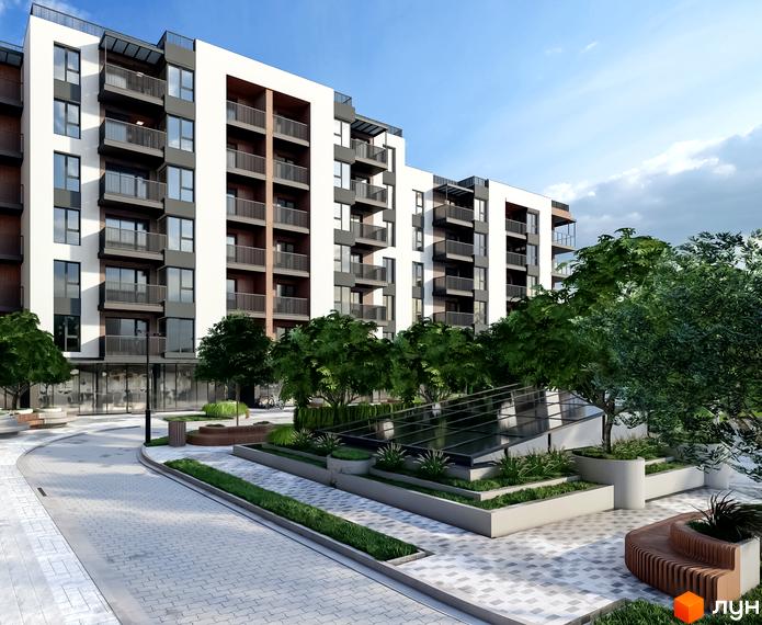 Житловий комплекс PALMIRA CITY з білим фасадом та темними балконами, зеленою прибудинковою територією та лавками.