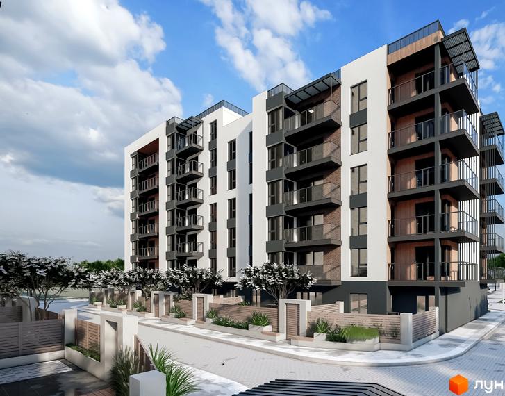Будівельний проєкт ЖК PALMIRA CITY - це багатоповерховий будинок з балконами та вікнами, розташований біля доглянутої прибудинкової території з деревами та огорожею.