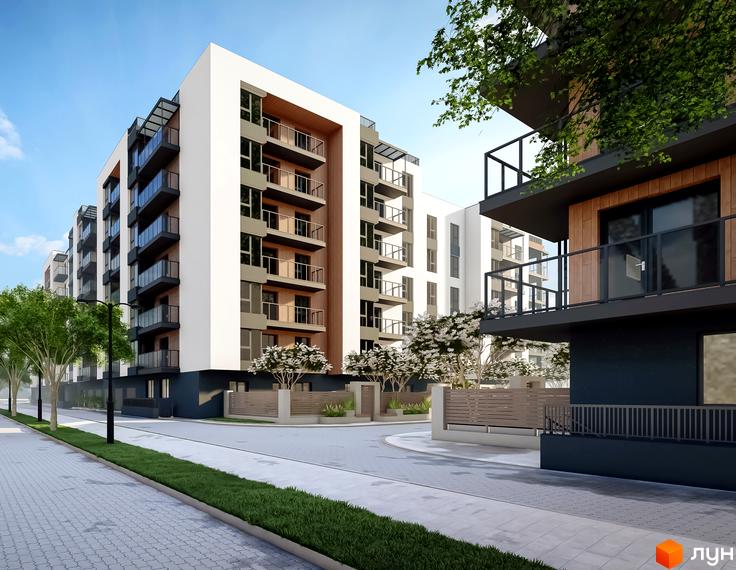 Житловий комплекс PALMIRA CITY - сучасна архітектура з балконами та скляними фасадами, зелена прибудинкова територія з доріжками та огорожею.